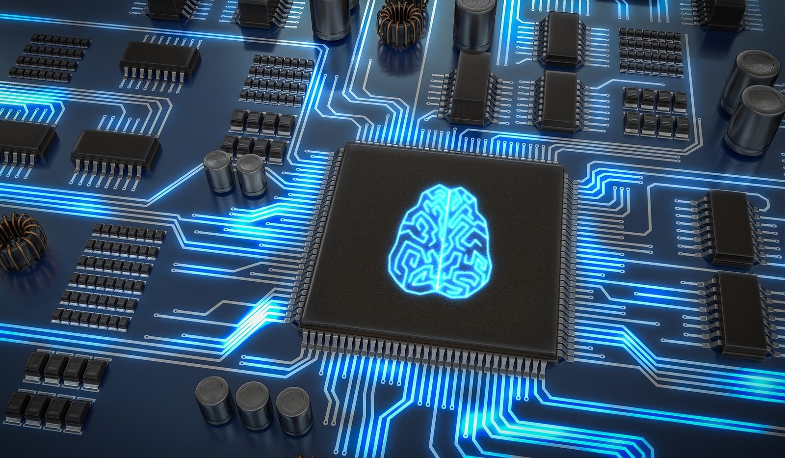 Artificial Intelligence Electronic Circuit. Microchip With Glowi