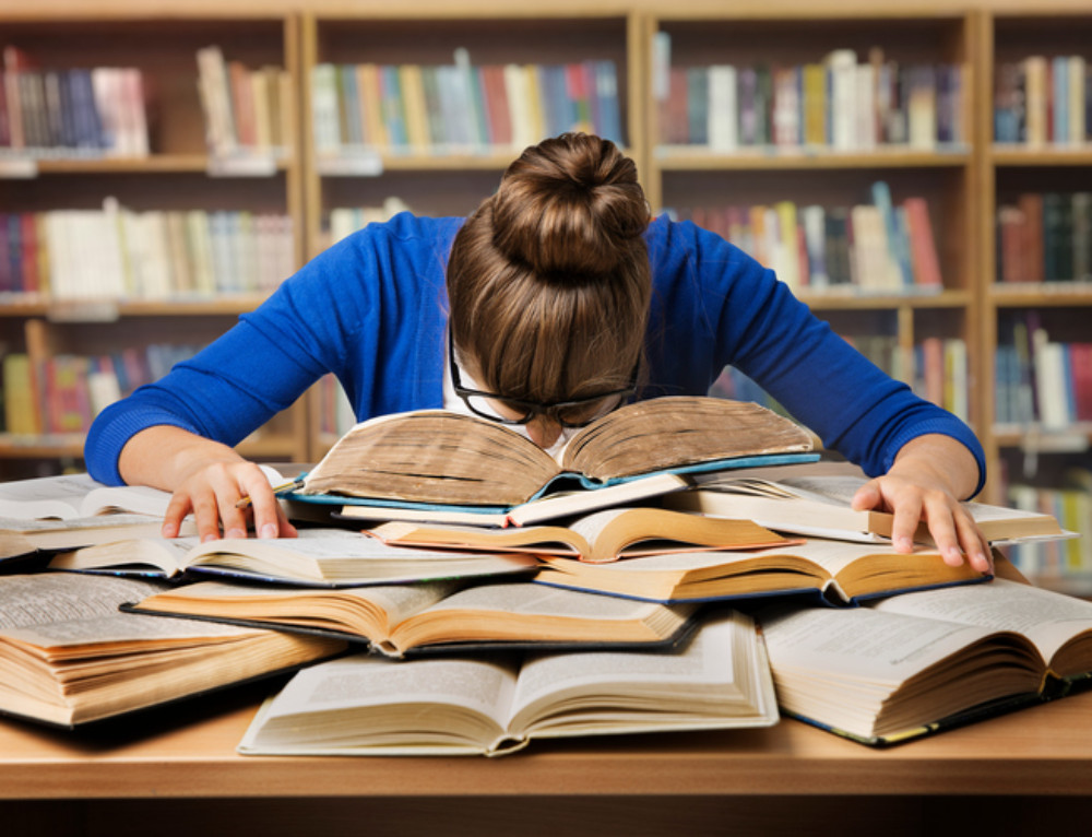 Student Studying Sleeping On Books, Tired Girl Read Book, Library